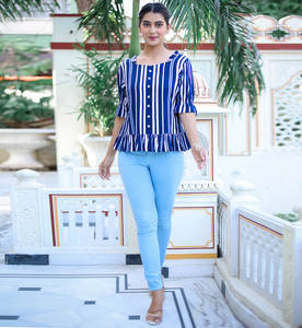 Womens Blue <b>Rayon</b> Stripe Printed Regular Fit Ruffle Sleeve Top With V Neck Design Created For Global Casual Summer Wear - Product Image 1