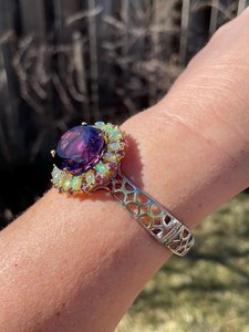 Natural Purple Amethyst Opal Rhodolite <b>Bangle</b> 925 Sterling <b>Silver</b> Gold / Fine Art Cocktail Cuff <b>Bracelet</b> - Product Image 3
