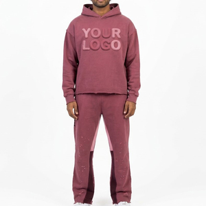 High Sales Custom Logo Men's <b>Pink</b> Hooded <b>Tracksuit</b> <b>Set</b> Full Sleeve Puff Print Streetwear Joggers With Side Pockets Autumn Wear - Product Image 1