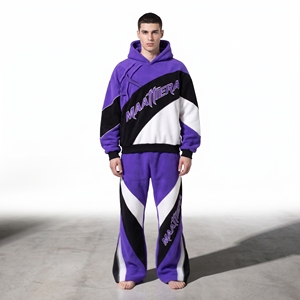 <b>Mens</b> Purple Black <b>White</b> Color Block Tracksuit Set Hoodie Wide Leg <b>Pants</b> Custom Streetwear Sportswear Matching Outfit - Product Image 1