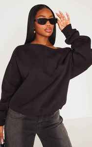 Sudadera de Mujer Negra Asimétrica con Hombros Descubiertos, Manga Larga, Color Sólido, Tejido de Algodón, Oversize, con Logo Frontal, para Otoño e Invierno - Product Image 3