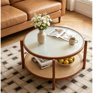 <b>Walnut</b> Boho 2-Tier <b>Coffee</b> <b>Table</b> PE Rattan Accent Side <b>Table</b> Tempered Glass Top Solid Acacia Wood Center Eco-Friendly Apartments - Product Image 3