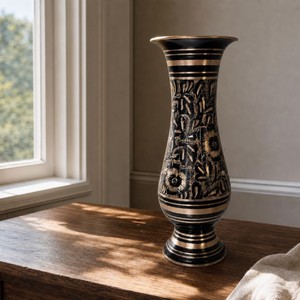 Handmade <b>Bronze</b> Art Deco Tall Floor <b>Vase</b> Black Gold Floral Pattern Decorative Metal <b>Vase</b> - Product Image 3
