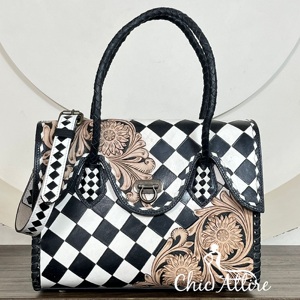 Wholesale Fashionable Hand Tooled Cowhide Leather Speedy Bag Checkered Pattern <b>Handbag</b> Floral Carved Shoulder Tote for Women - Product Image 1