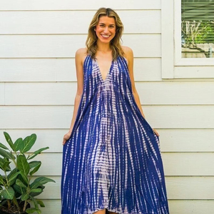 Robe longue décontractée pour femme, style bohème, bleu marine, en rayonne, tie-dye, col en V, fluide, sans manches, pour les vacances - Product Image 1