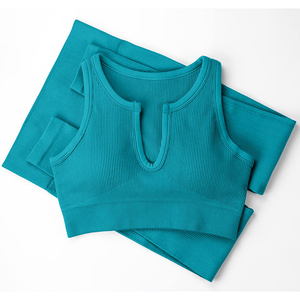 Ensemble de yoga côtelé 2 pièces pour femme, couleur unie, débardeur court sportif, col cranté, coupe régulière, longueur genou, sans couture - Product Image 6