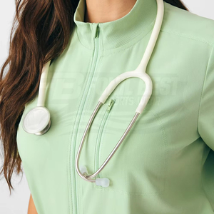 Women Light Green <b>Scrub</b> Top With Zip Front And Pocket For Medical Staff Hospital <b>Uniform</b> Knitted Cotton Polyester Blouse - Product Image 1