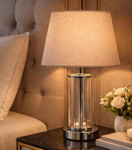 Lámpara de Mesa Moderna de Vidrio con Pantalla de Tela Beige, E26 LED 2700K, Luz Cálida, CA 220V, Control por Interruptor - Product Image 1