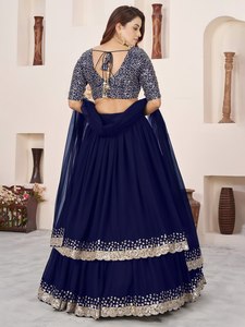 Navy Blue Lehenga Choli Set <b>Silver</b> Sequin Lace Border Flowy Wedding Outfit Women - Product Image 5