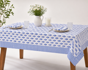 Blue & White Leaf Print Round Hand Block Printed Pure Cotton <b>Tablecloth</b> Indian Farmhouse Wedding Round Table Cover for Home Use - Product Image 4