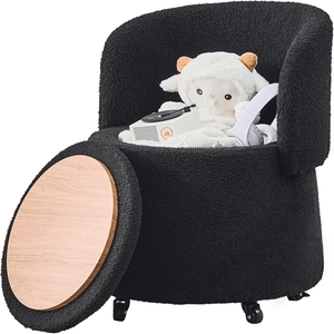 Comodo Pouf Contenitore Convertibile in Velluto Nero con Ruote, Sgabello Rotondo per Toeletta e Cucina - Product Image 1