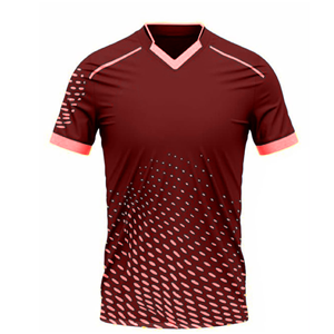 เสื้อฟุตบอลแขนสั้นคอวีสีแดงเลือดหมูสำหรับผู้ชาย ลายจุดสีชมพู ผ้าโพลีเอสเตอร์ซับเหงื่อ ชุดกีฬาสำหรับทุกฤดูกาล - Product Image 1