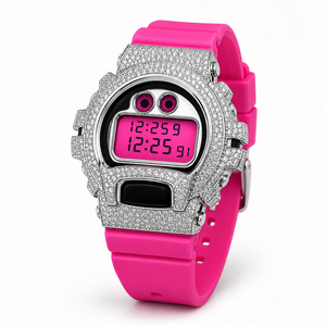 Reloj Digital de Lujo con Incrustaciones de Moissanita, Caja de Acero Inoxidable, Correa de Silicona Rosa, Estilo Hip Hop, Unisex - Product Image 5