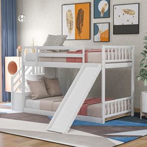 Letto a Castello Bianco con Due Letti Singoli, Scivolo Convertibile e Scala per Bambini - Product Image 1