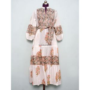 เดรสลำลองทรงเอไลน์ คอวี แขนพอง ลายพิมพ์บล็อกด้วยมือสำหรับผู้หญิง ไซส์พลัส กระดุมผ่าหน้า ความยาวระดับข้อเท้า เอวธรรมชาติ - Product Image 3