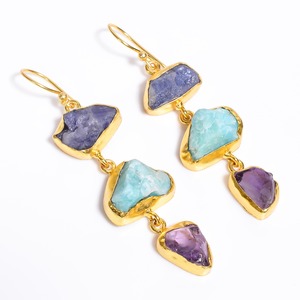 Excellent Three Stone Fancy Shape Ruby Green Kyanite Gemstone Brass <b>Earrings</b>, Indian <b>Gold</b> Plated Brass Jewelry - Product Image 6