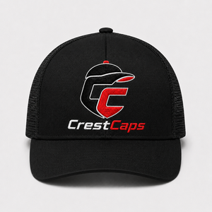 หมวกแก๊ป CrestCaps สีดำ ผ้าตาข่ายโพลีเอสเตอร์ ทรง Trucker 6 แผง ปักโลโก้ด้านหน้า ปรับขนาดได้ เหมาะสำหรับทุกเพศ สไตล์ลำลองสำหรับกิจกรรมกลางแจ้ง - Product Image 1