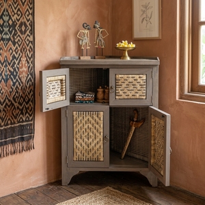 New Modern <b>Minimalist</b> Minang Wooden Storage Cabinet Natural Rattan Webbing Corner Cupboard Doors Storage Nightstand - Product Image 5