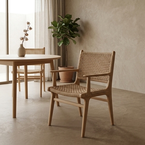 Silla de Comedor Moderna Malaka de Madera de Teca Sólida con Respaldo y Tejido de Ratán Sintético, No Plegable, Acabado Bien Lijado, Modelo Villa - Product Image 4
