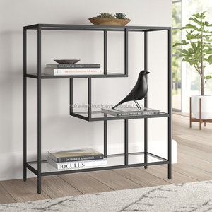 Minimalist Tempered Glass Shelf Unit Modern Steel Etagere <b>Bookcase</b> for Living Room Dining Room Furniture - Product Image 1