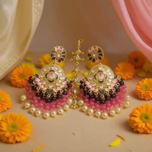 Boucles d'oreilles pendantes en or plaqué avec pierres Kundan et perles Meenakari, avec Maangtikka, bijoux fins - Product Image 3