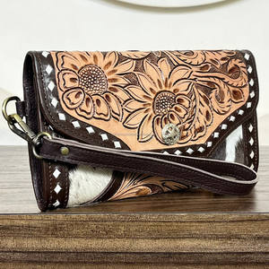 Portefeuille à poignet en cuir artisanal de style occidental pour femmes, plusieurs compartiments, pochette, porte-cartes en cuir de vache - Product Image 5