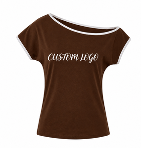Women's <b>Brown</b> Off Shoulder T-Shirt Custom Logo Print Embroidery Appliques 100% Cotton Solid Knitted Casual Regular Fit Quick Dry - Product Image 1
