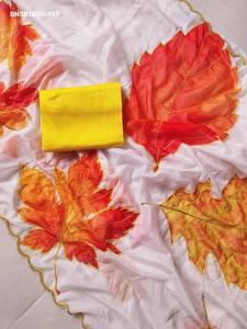 Magnifique Saree en Soie Tissée à Motif Feuilles Épaissies avec Broderie Perles et Bordures Découpées - Blouse en Soie Jaune pour Femme Tendance - Product Image 4