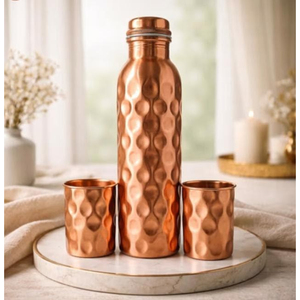 Stylish Copper Water <b>Bottle</b> with Two Glass Hammered Design For Hydration Yoga Ayurveda Inspired Drinkware <b>Bottle</b> With Packaging - Product Image 5
