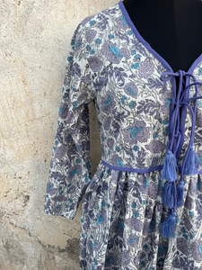 Vestido maxi 100% algodón estampado a mano con cuello en V, manga larga, estampado floral, estilo casual indio, vestido largo para mujer. - Product Image 2