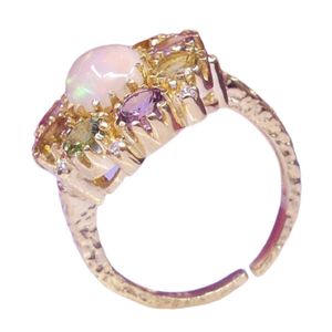 Gold Plated Cocktail <b>Ring</b> With <b>Opal</b> And Multicolor Stones Prong Setting Bohemia Style Women's Everyday Wear - Product Image 1