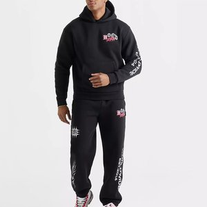 Conjunto Deportivo con Capucha para Hombre, Negro, con Logotipo Personalizado, Pantalones Deportivos con Estampado y Bolsillos Laterales, Ropa Deportiva de Otoño - Product Image 1