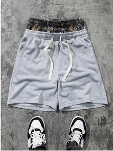 Shorts en coton gris pour homme, couleur unie, décontractés, taille mi-haute, respirants, en maille, avec cordon de serrage - Product Image 1
