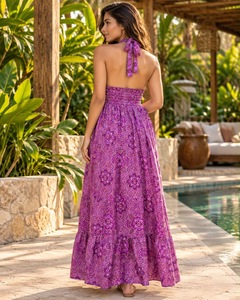 Purple Paisley Print Halter Maxi <b>Swimdress</b> Women Tiered Skirt Beach Poolside Dress 1 Piece Breathable Woven Chiffon Style - Product Image 4