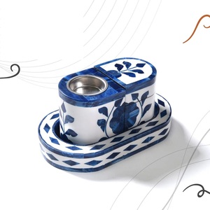 Ensemble brûleur d'encens religieux bleu et blanc Bakhoor, support pour bâtonnets d'encens en bois de santal, cônes d'encens, en résine et bois faits à la main, décoration de maison Ramadan - Product Image 1