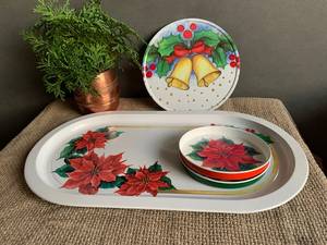 Metal Oval <b>Serving</b> Tray with Poinsettia Design Handpainted <b>Dishes</b> <b>Set</b> for Party Decor - Product Image 4