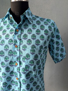 เสื้อเชิ้ตแขนสั้นพิมพ์ลายลำลองสำหรับผู้ชาย สีฟ้าอมเขียว ปกคอพับ ผ้าฝ้าย 100% ระบายอากาศได้ดี เหมาะสำหรับฤดูร้อน - Product Image 6