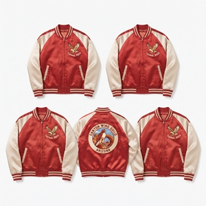 Wholesale Satin Varsity Jacket Supplier Red Cream Desert Hawk Embroidered Bomber <b>Coat</b> Front Zipper Athletic Brand Vendor - Product Image 1