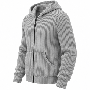 <b>Men's</b> Gray Knitted Hooded Zipper <b>Cardigan</b> Full Sleeve Solid Color Autumn Wear OEM Services Available - Product Image 6