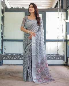 Elegante Saree Gris de Lino y Algodón con Bordado Tradicional, Estampado Étnico, para Fiestas y Eventos Casuales en India - Product Image 5