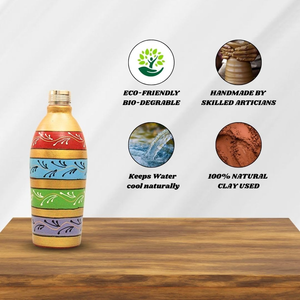 Bouteille en argile peinte à la main de 1 litre avec bouchon en acier inoxydable, bouteille d'eau en terre cuite faite à la main, bouteille décorative en terre cuite pour la maison - Product Image 4