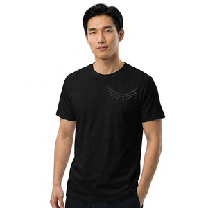 เสื้อยืดแขนสั้นสีดำสำหรับผู้ชายพร้อมปักลายปีกและตัวอักษร R โลโก้ลำลองคอกลมทรงพอดีตัว - Product Image 2
