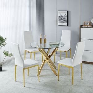 Set da Pranzo Mid-Century 1+4,5 Pezzi con Tavolo con Gambe in Metallo per 4-6 Persone, Piano in Vetro, Tavolo da Pranzo con Base a Piedistallo per Sala da Pranzo - Product Image 2