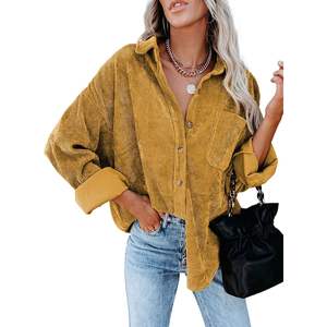 2025, camisa de manga larga de pana de gran tamaño para mujer, Chaqueta con botones, Tops XL, cuello con volantes, encaje bordado, bordado sólido - Product Image 4