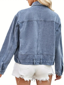 Chaqueta Corta de Mezclilla para Mujer, Estilo Blusón, con Remaches Decorativos, Cuello Camisero, Mangas Largas, Tela No Elástica, Acabado Lavado, para Invierno - Product Image 3
