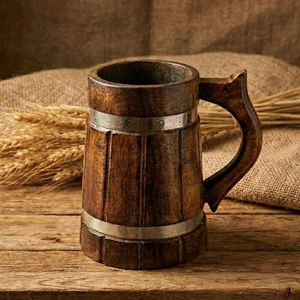 Chope à bière en bois massif faite à la main, poignée robuste, finition naturelle, réutilisable, écologique, style rétro, capacité 500-1000 ml, légère - Product Image 5