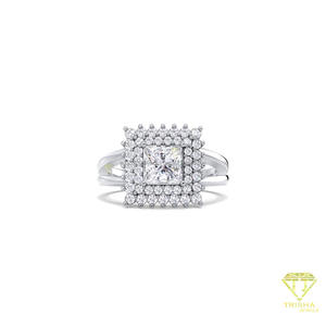 Bague de fiançailles en or jaune 14 carats avec diamant de laboratoire taille princesse et double halo, anneau de mariage vintage à double sangle - Product Image 2
