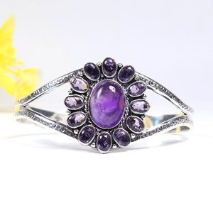 New Arrival Handmade 925 Sterling Silver Gemstone Jewelry Cluster Statement Cuff <b>Bracelet</b> Natural <b>Amethyst</b> Designer <b>Bracelet</b> - Product Image 1