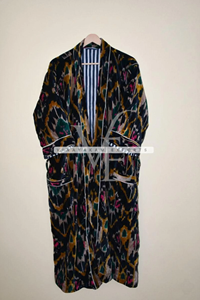 Exquisite Velvet Ikat Kimono Robe Summer Casual Multicolored Ikat Pattern Intricate Hand <b>Loomed</b> <b>Weave</b> Long Sleeve Breathable - Product Image 6