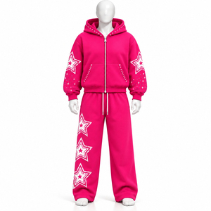 Wholesale Custom Oversized French Terry Fleece <b>Tracksuit</b> Set Zip Stand Collar Sweatshirt Straight Baggy Pants <b>Men</b> Streetwear - Product Image 1